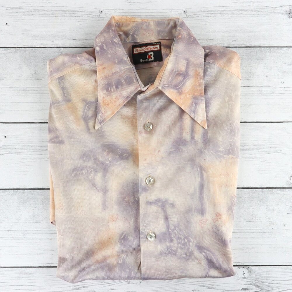 Vintage Mens 70s Long-Sleeve Shirt Butterfly-Collar, Button-Up Retro Disco Shirt